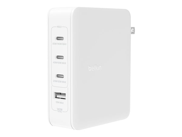 Belkin - Adaptador de corriente - tecnología GaN - 140 vatios - Fast Charge Suministro de energía 3.1 - 4 conectores de salida (3 USB-C USB) - blanco