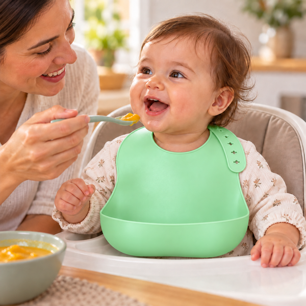 Babero verde menta con bolsillo abierto y extendido, mamá alimentando a su bebé; escena generada con IA