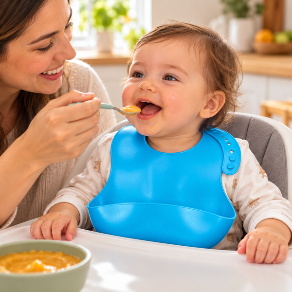 Babero ajustable con bolsillo — Azul — mamá dando de comer a bebé; escena generada con IA