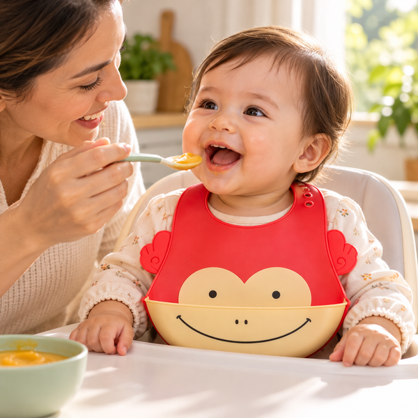Babero ajustable con bolsillo — Monito rojo — mamá dando de comer a bebé; escena generada con IA