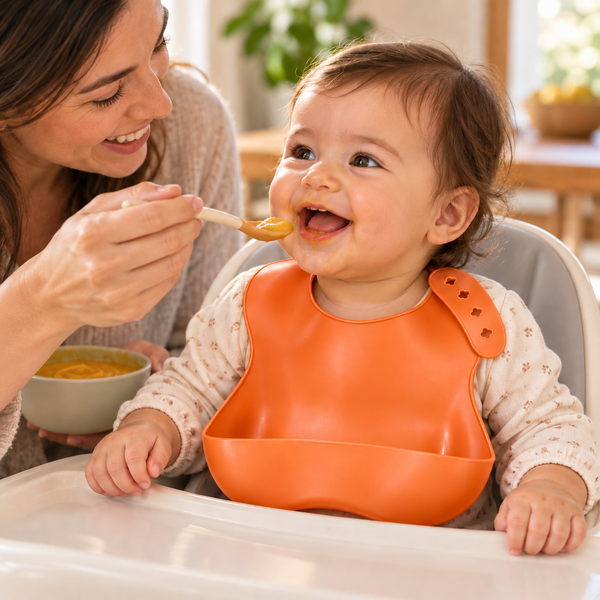 Babero ajustable con bolsillo — Naranja — mamá dando de comer a bebé; escena generada con IA
