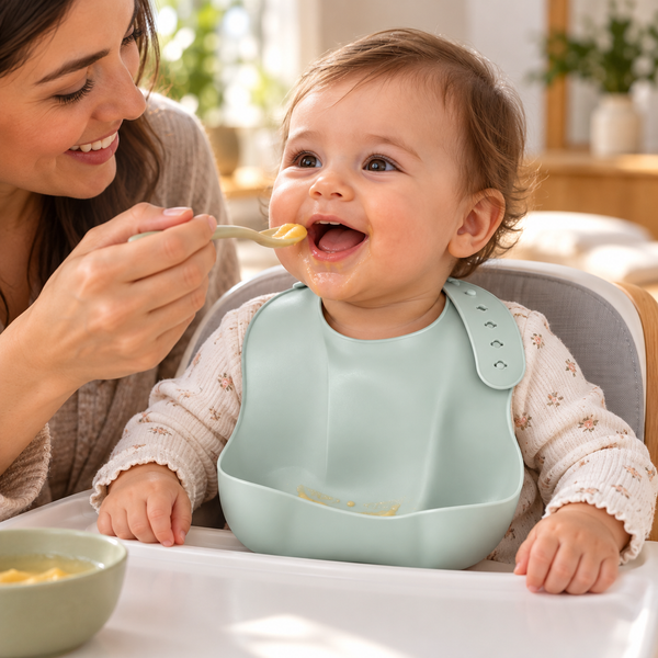 Babero ajustable con bolsillo — Verde salvia — mamá dando de comer a bebé; escena generada con IA