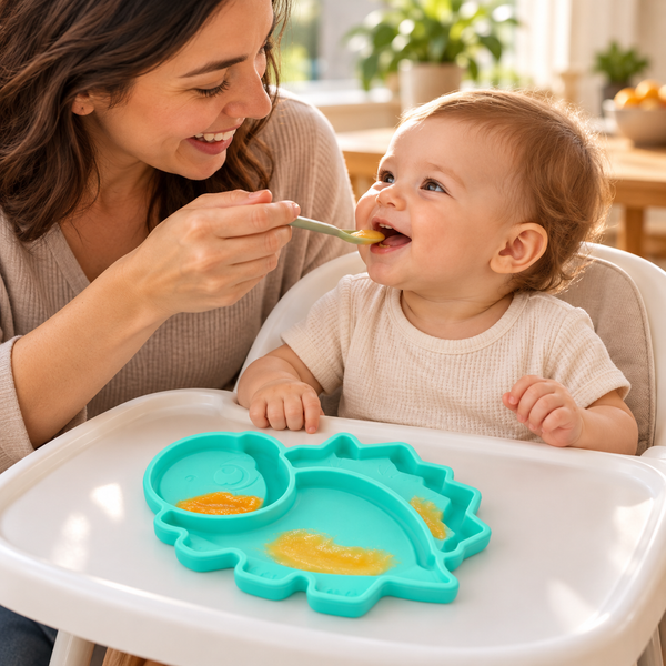 Plato dinosaurio con compartimentos y ventosas — Turquesa — mamá dando de comer a bebé; escena generada con IA