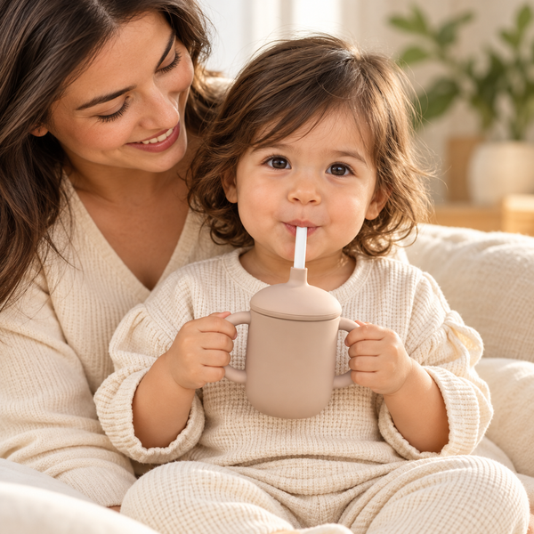Vaso infantil con asas, tapa y pajilla — Beige — portada ambientada