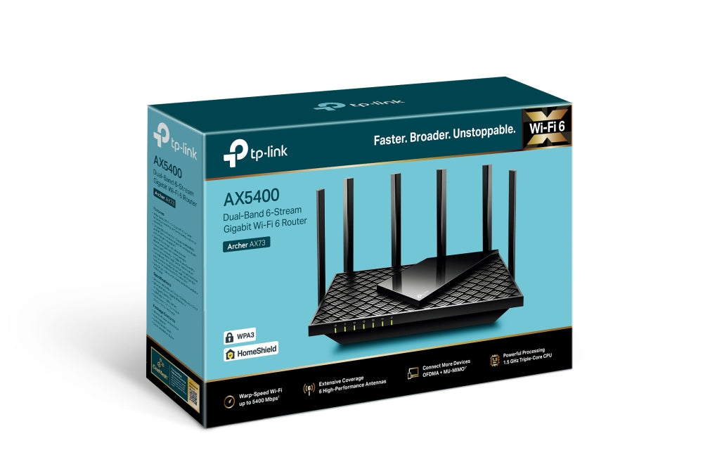 TP-LINK Archer AX73 - V1 - - enrutador inalámbrico - conmutador de 4 puertos - 1GbE - Wi-Fi 6 - Doble banda - hasta 5.4Gbps - Estructura 4T4R y HE160 en la banda 5GHz que permite una conexión ultrarrápida de 4.8 Gbps - 6 potentes antenas - Entrada USB 3.0 Guatemala