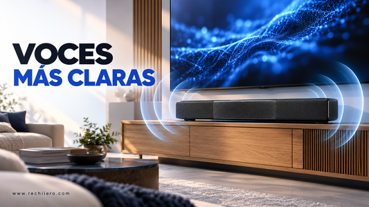 Barra de sonido bajo un televisor con ondas ilustrativas para la guía sobre claridad de voces.