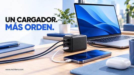 Escritorio con laptop, teléfono y cargador multipuerto para la guía de cargadores GaN.