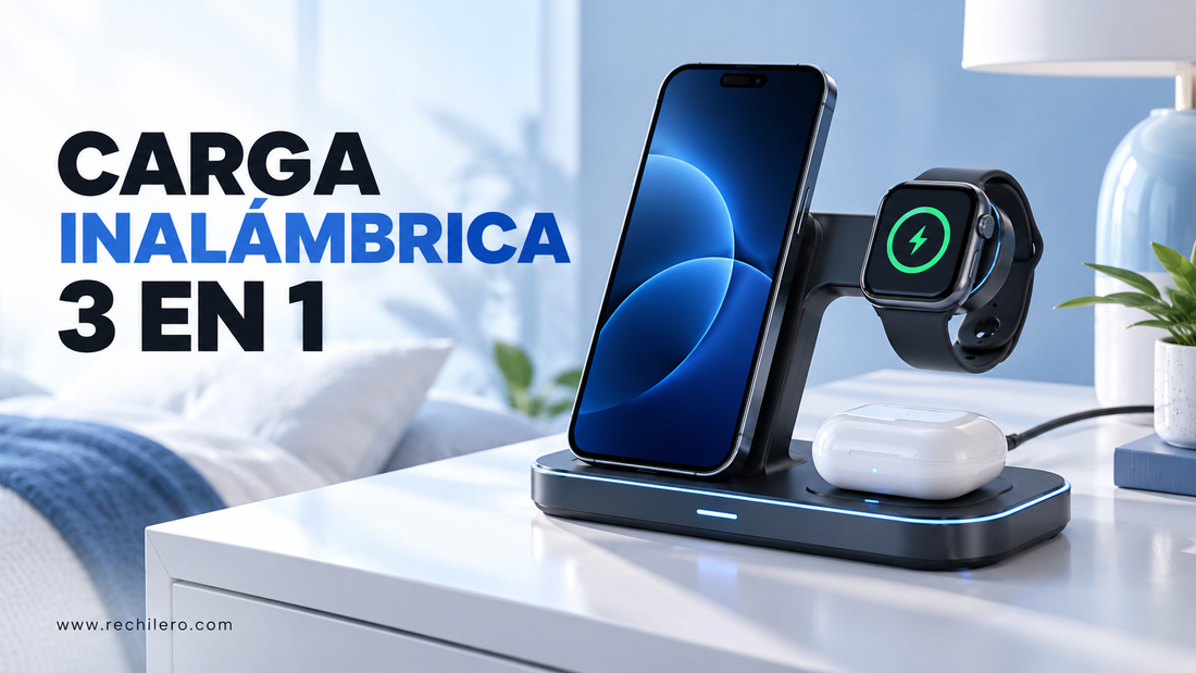 Estación de carga inalámbrica con teléfono, reloj y estuche de audífonos en una portada de Rechilero.