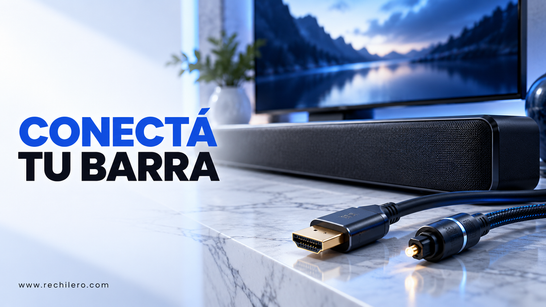 Barra de sonido y conectores de audio en una portada original sobre conexiones HDMI y ópticas.