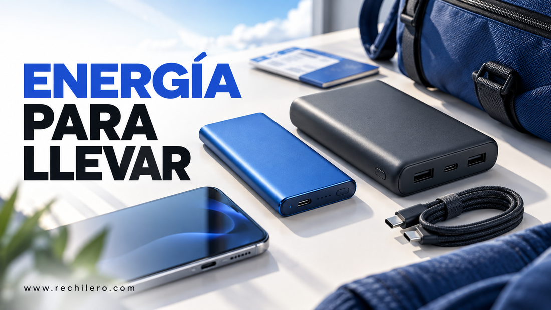 Dos baterías portátiles de distintos tamaños junto a un teléfono y accesorios de viaje.
