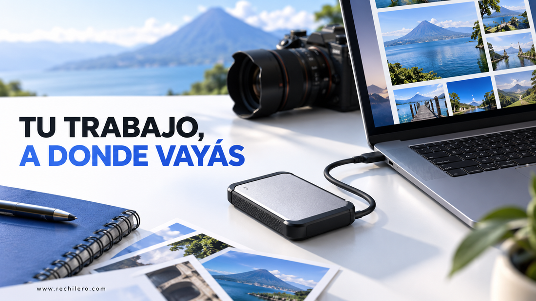 SSD portátil conectado a una laptop junto a equipo fotográfico para trabajar en movimiento.