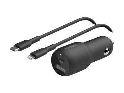 Belkin Dual Car Charger - Adaptador de corriente para el coche - 37 vatios - PD 3.0 - 2 conectores de salida (USB 24 pin USB-C)
