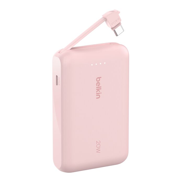 Batería externa Belkin BoostCharge 10K 20 W con cable USB-C integrado, rosada