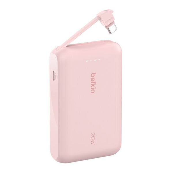 Batería externa Belkin BoostCharge 10K 20 W con cable USB-C integrado, rosada