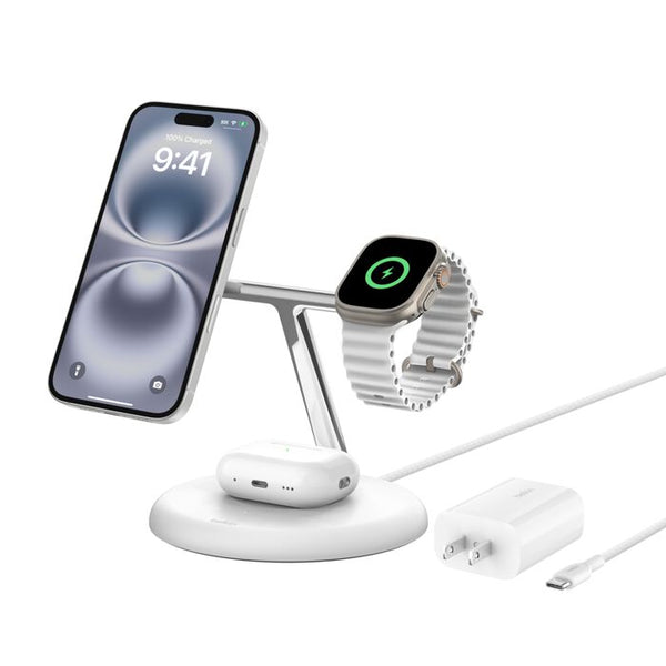 Base de carga magnética Belkin BoostCharge Pro 3 en 1 Qi2 15 W, blanca