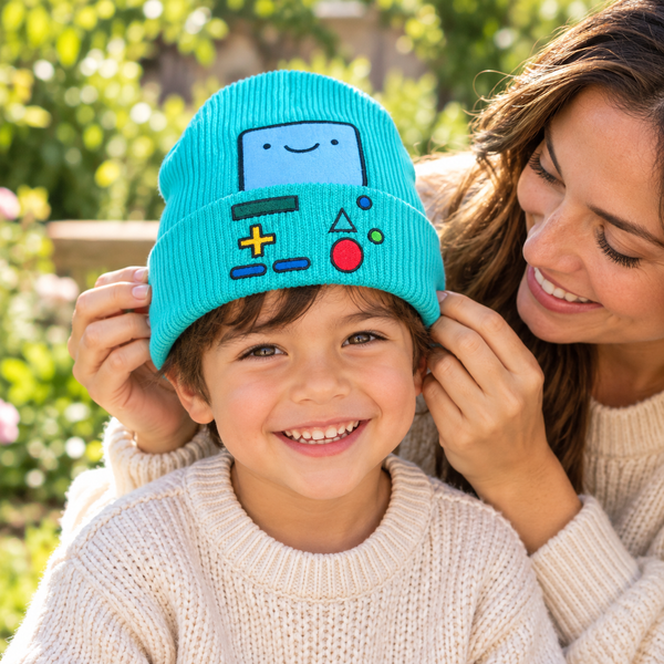 Niño con gorro turquesa junto a mamá; escena generada con IA