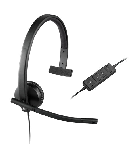 Logitech H570e Wired Headset, Mono Headphones with Noise-Cancelling Microphone, USB, in-Line Controls with Mute Button, Indicator LED, PC/Mac/Laptop - Black - Auricular - en oreja - cableado Guatemala