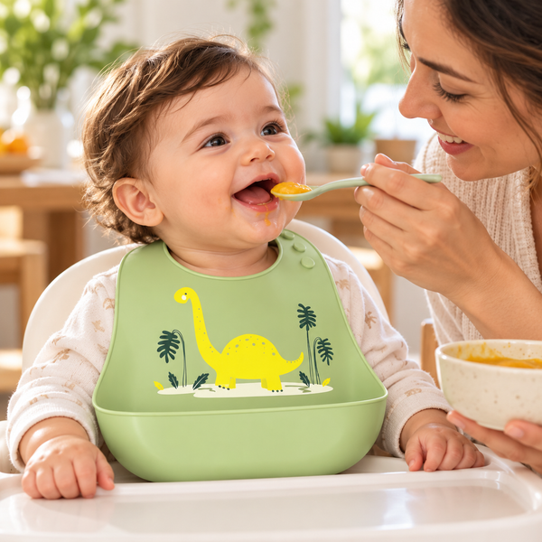 Babero ajustable con bolsillo — Dinosaurio verde — mamá dando de comer a bebé; escena generada con IA