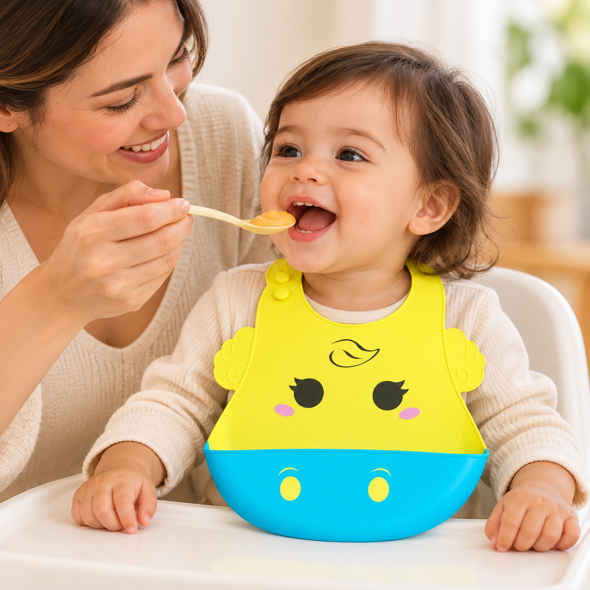 Babero ajustable con bolsillo — Pollito amarillo y azul — portada ambientada