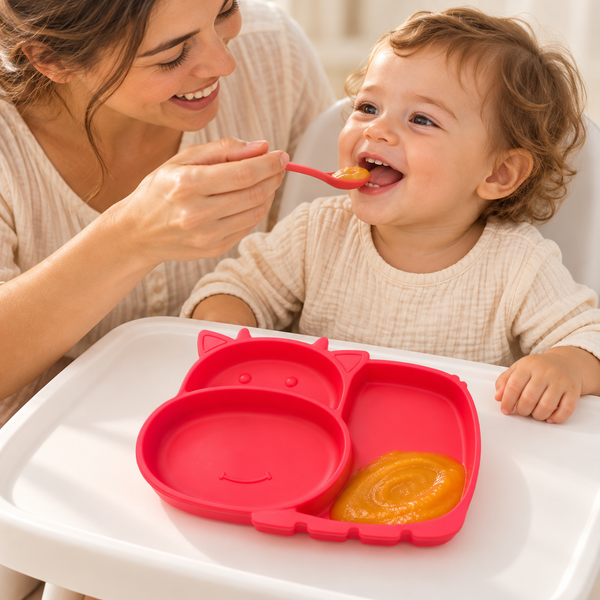 Plato infantil vaquita con compartimentos y succión — Rojo — portada ambientada