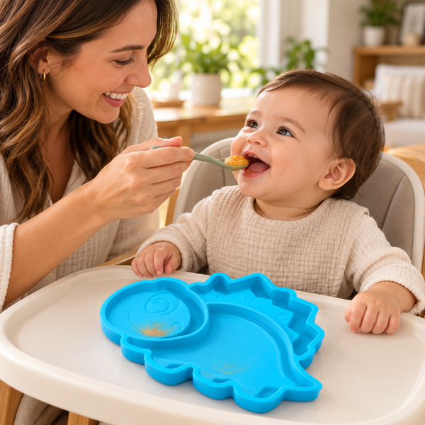 Plato dinosaurio con compartimentos y ventosas — Azul — mamá dando de comer a bebé; escena generada con IA