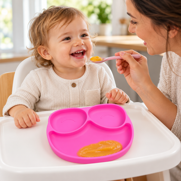 Mamá alimentando a su peque con plato de carita rosado; escena generada con IA
